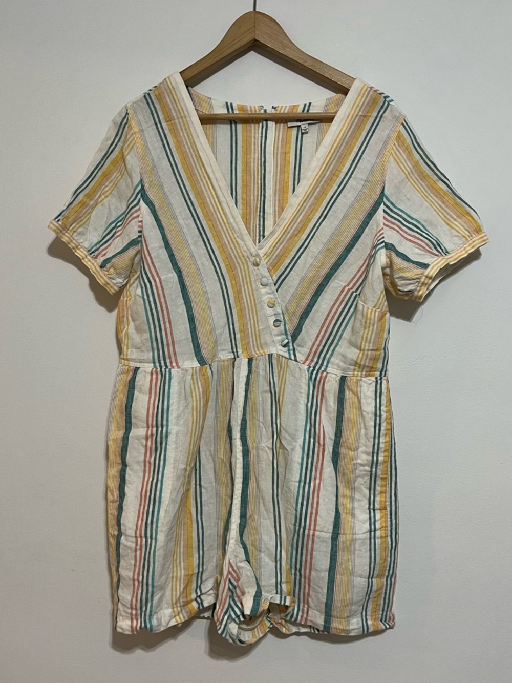 Madewell Linen Button-Wrap Romper in Stripe L3445